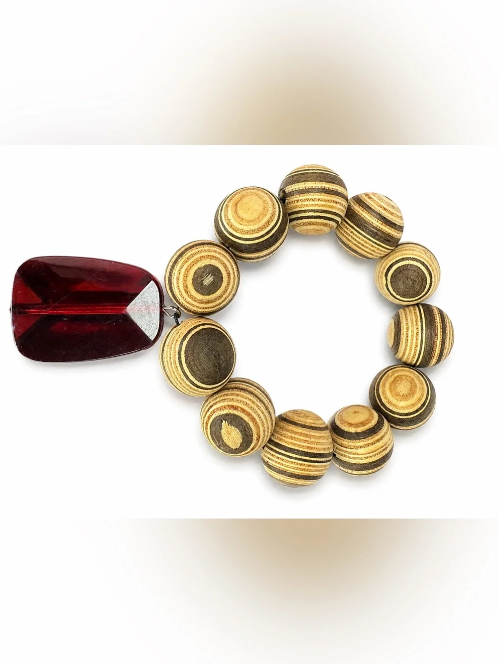 Vintage Wooden Bead Stretch Bracelet w/ Faceted Red Acrylic Dangle Charm‎